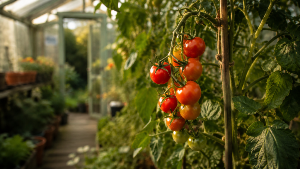Ripe cherry tomatoes growing on the vine in a UK garden greenhouse