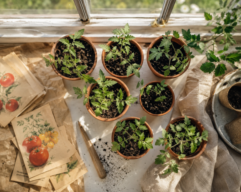 Tomato seedlings started indoors on a windowsill in early spring in the UK