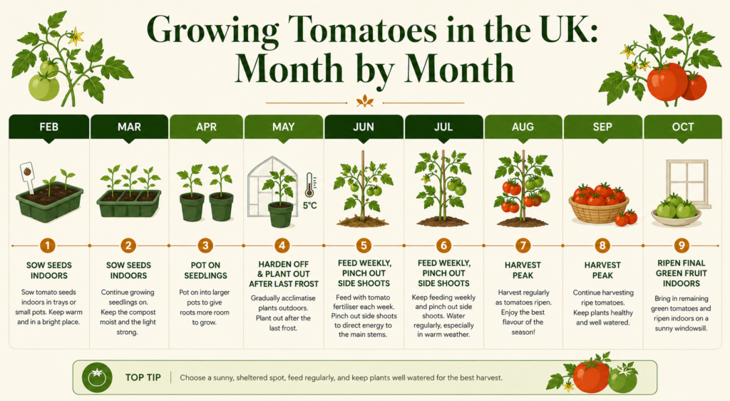 Infographic showing the month-by-month timeline for growing tomatoes in the UK, from sowing indoors in February to final harvest in October