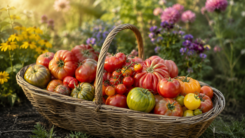 A basket of homegrown tomatoes harvested from a UK garden in late summer