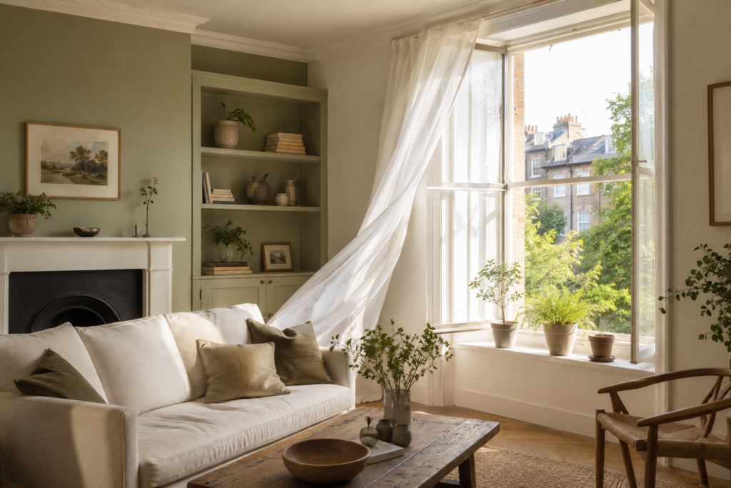 Open sash window in a bright living room with houseplants on the windowsill, letting fresh air in.