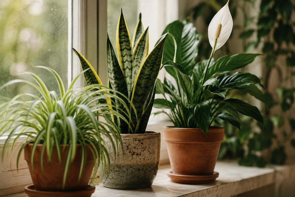 Spider plant, snake plant, and peace lily in pots on a sunny windowsill.