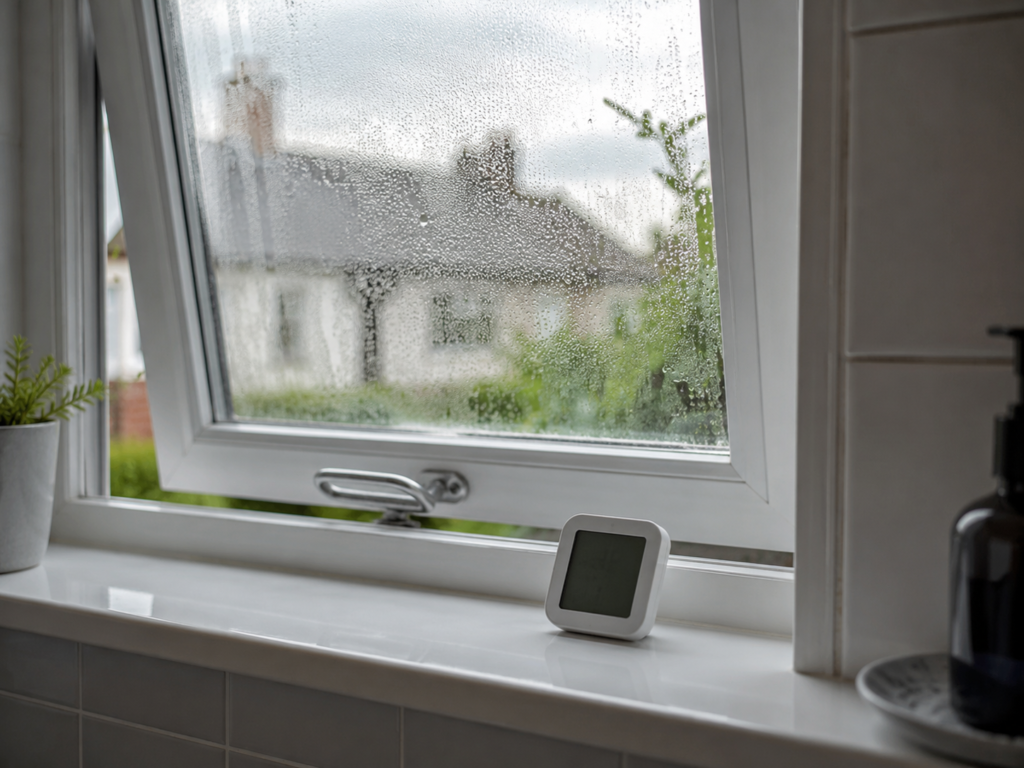 Slightly open window with condensation on the glass and a hygrometer on the sill.