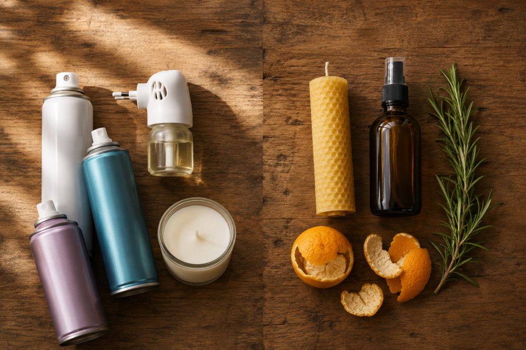 Flat lay contrasting aerosol sprays and synthetic air fresheners with a beeswax candle, glass spray bottle, and citrus peel.