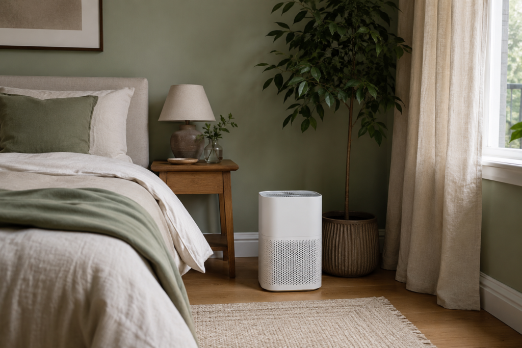 Compact HEPA air purifier in a calm bedroom with linen bedding and a houseplant.