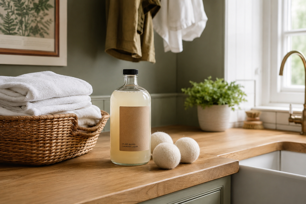 Refillable bottle of plant-based laundry detergent, wool dryer balls and folded towels in a bright UK utility room