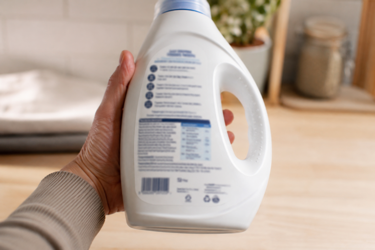 Person reading the ingredients label on the back of a laundry detergent bottle
