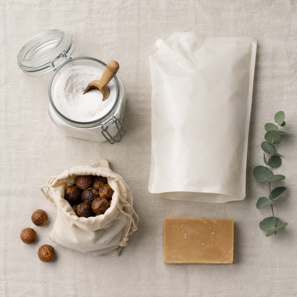 Flat lay of natural laundry detergent options including powder, refill pouch, soap nuts and a soap bar