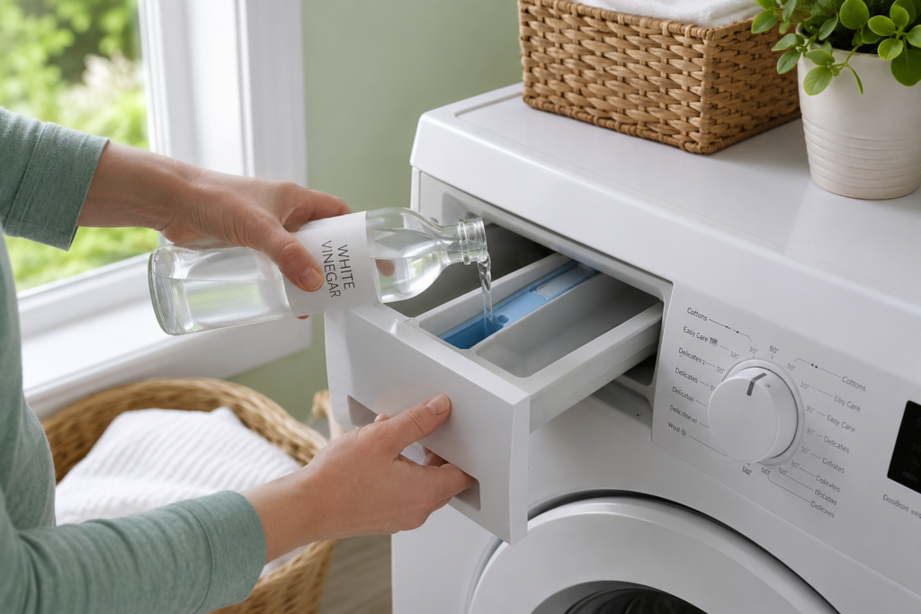 Pouring white vinegar into a washing machine drawer as a natural fabric softener alternative
