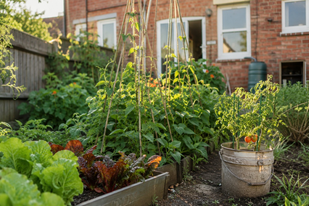 Small budget vegetable garden in a UK back garden with salad beds, runner bean wigwams and a tomato plant growing in a repurposed bucket.