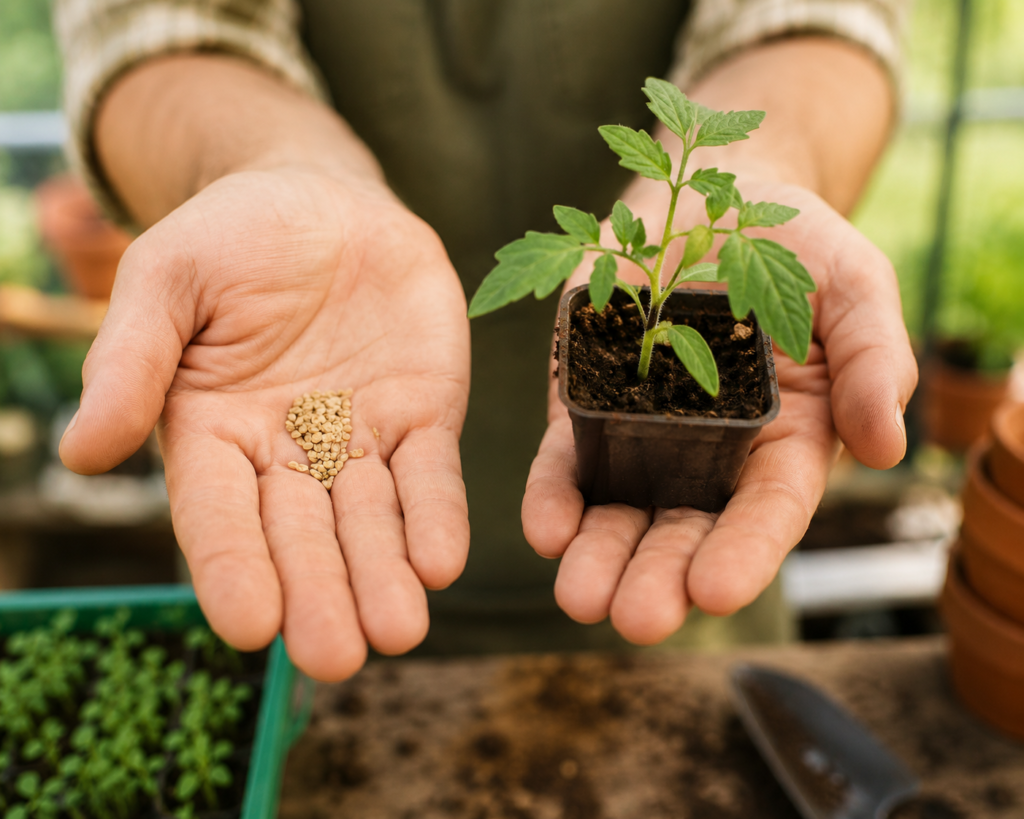 Two hands comparing a pile of tomato seeds with a single tomato plug plant, illustrating the cost difference between growing from seed and buying plants.