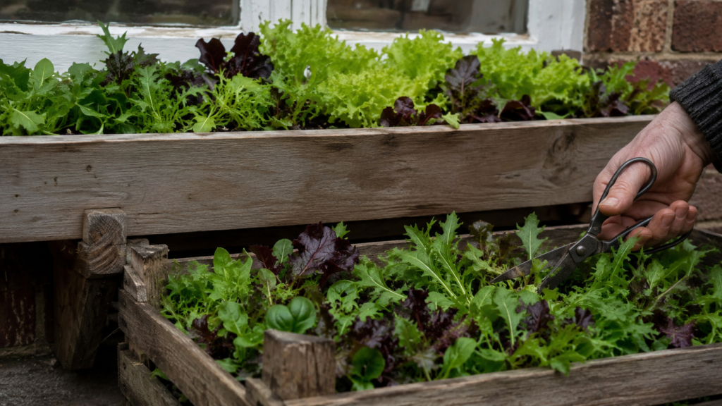 Mixed cut-and-come-again salad leaves growing in a window box, being harvested with scissors.