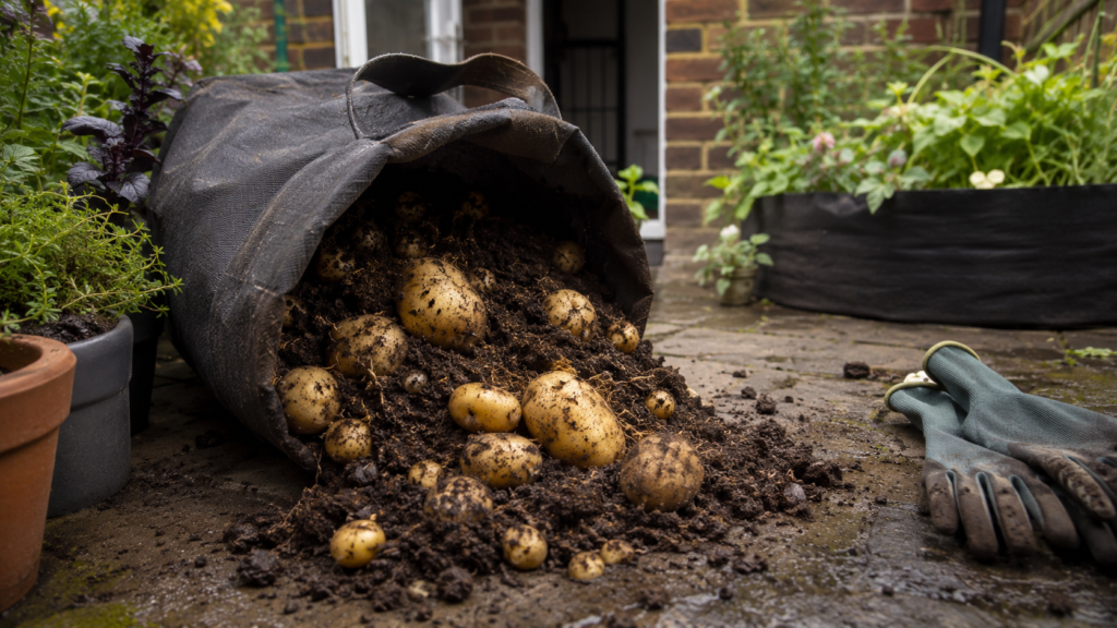 Freshly dug new potatoes tipped from a fabric grow bag onto a patio, with soil and gardening gloves.