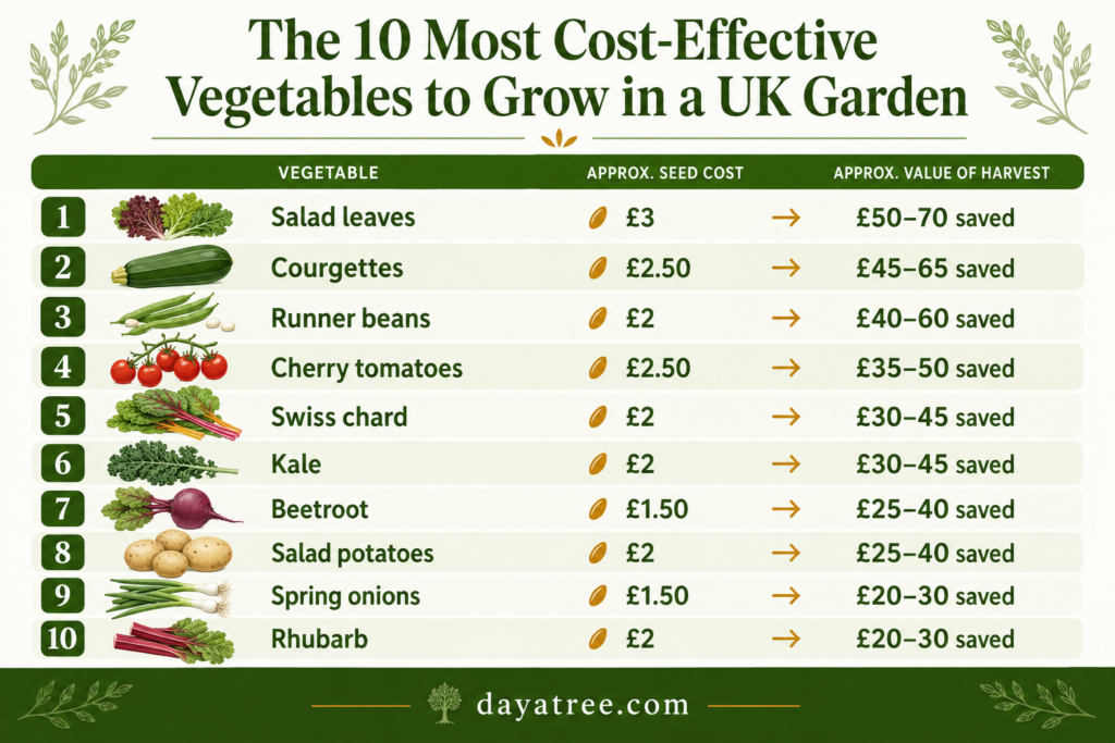 Infographic ranking the 10 most cost-effective vegetables to grow in a UK garden, showing seed cost versus money saved for each crop.