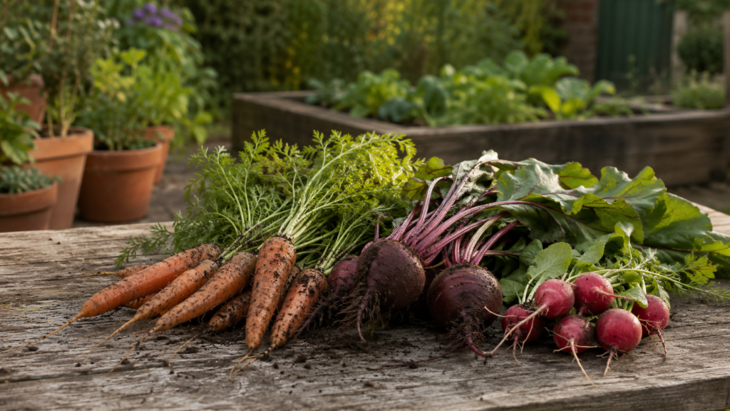 Freshly harvested carrots, beetroot and radishes with soil on their roots, laid on a wooden table in a small back garden.