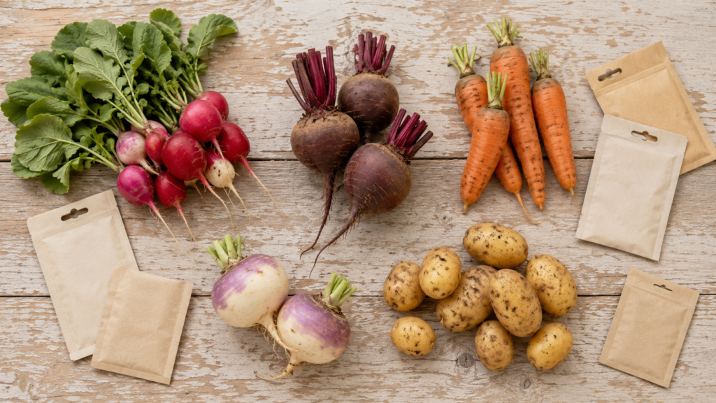 
Overhead view of radishes, beetroot, short carrots, turnips and new potatoes arranged in groups on a pale wooden surface.