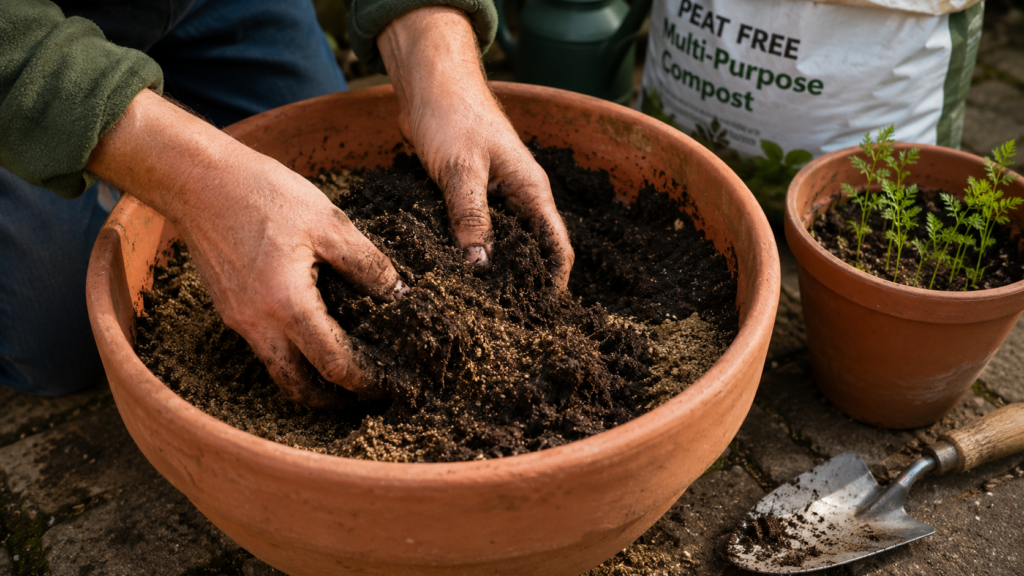 Hands mixing compost and sand in a terracotta container on a patio, with a trowel and young carrot seedlings nearby.