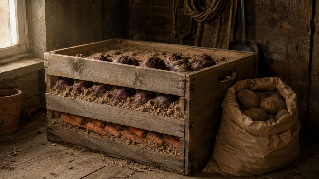 Beetroot and carrots stored in layers of sand inside a wooden crate in a shed, with a paper sack of potatoes alongside.
