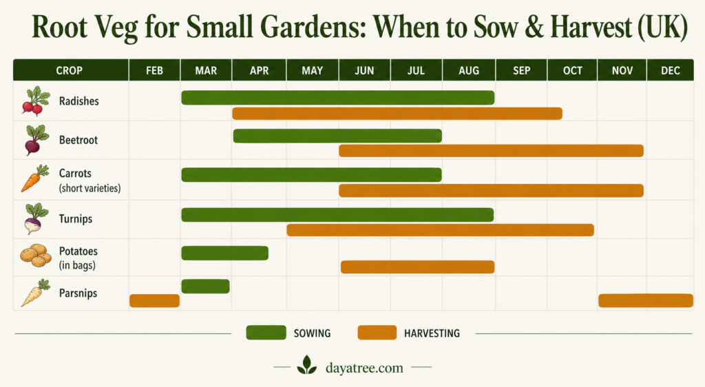 
Infographic calendar showing UK sowing and harvest months for radishes, beetroot, carrots, turnips, potatoes and parsnips, with sowing shown in green and harvesting in amber.