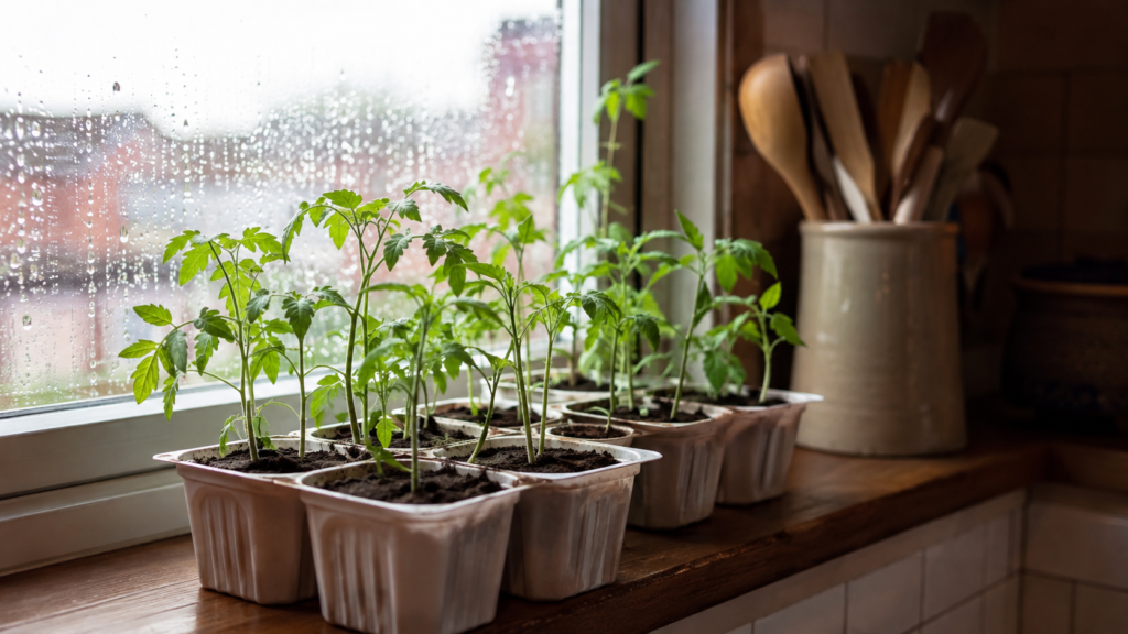 Seed trays of young tomato and chilli seedlings on a sunny UK kitchen windowsill