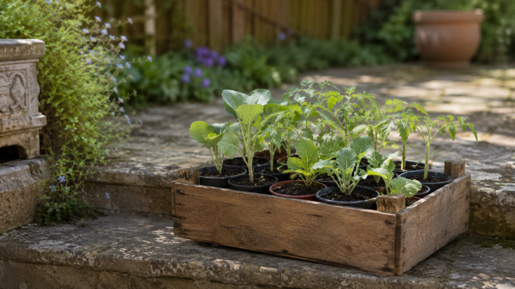 Young seedlings being hardened off outdoors on a garden step in spring