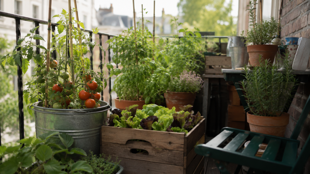 Small balcony container vegetable garden with tomatoes, salad leaves and herbs in mismatched pots