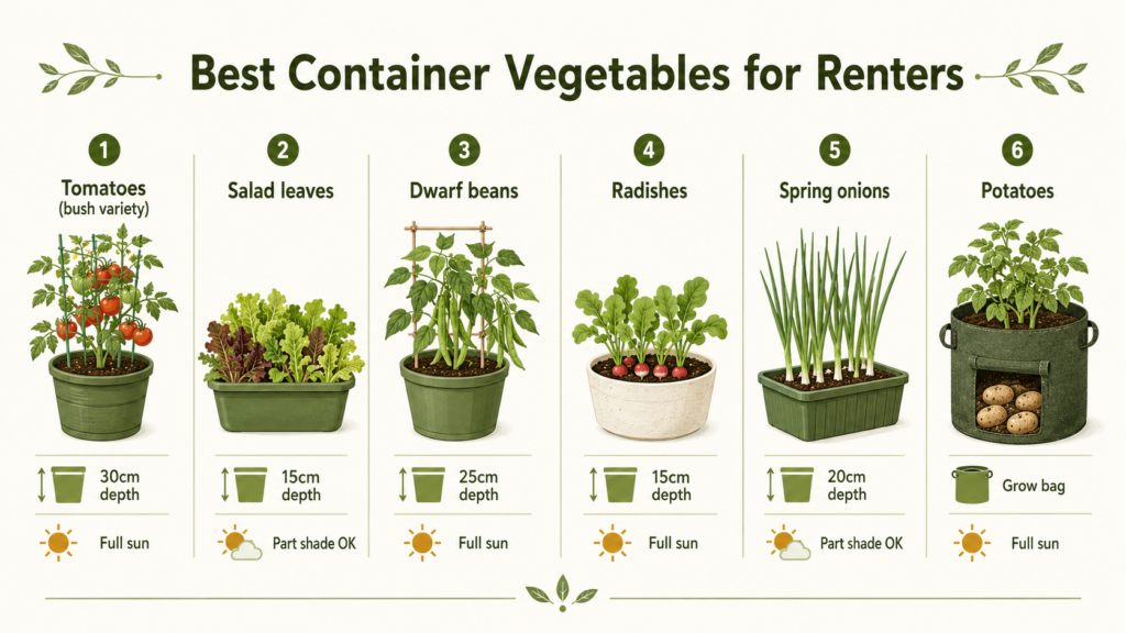 Infographic showing six best vegetables for container growing with pot depth and sunlight needs