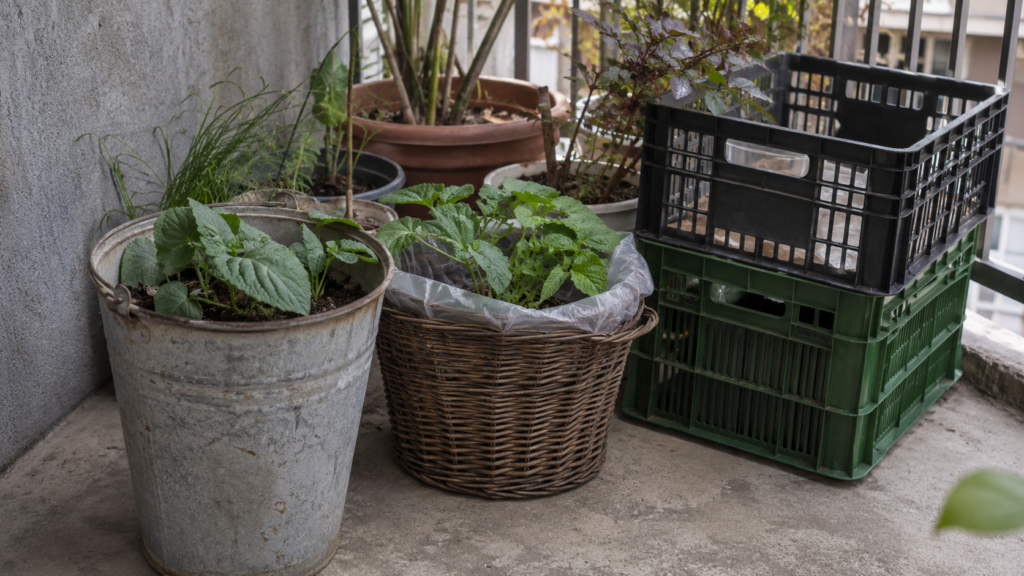 Reclaimed buckets and crates repurposed as vegetable containers for renters