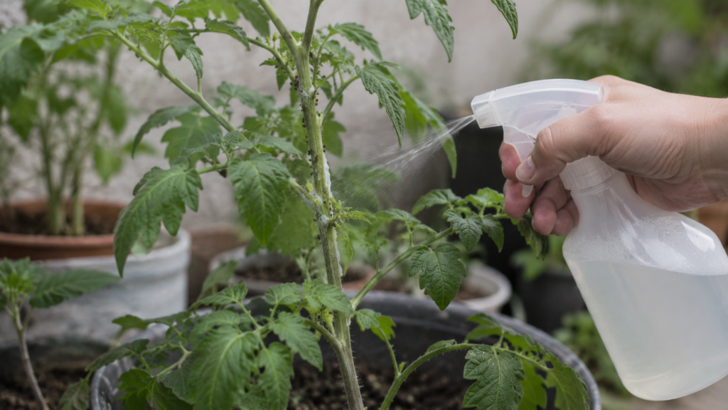 Treating aphids on a container-grown tomato plant with a natural spray