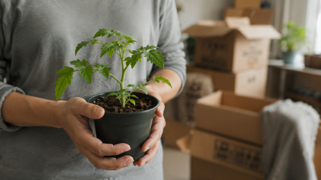 Carrying a potted vegetable seedling during a flat move