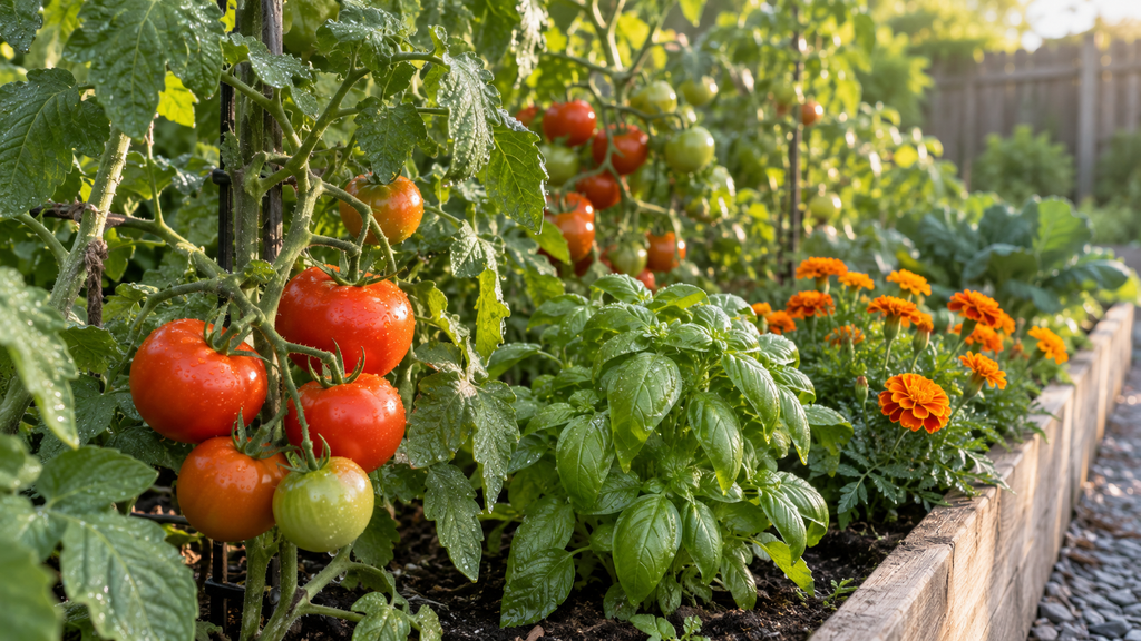 Companion planting bed with tomatoes, basil, and marigolds in a UK garden