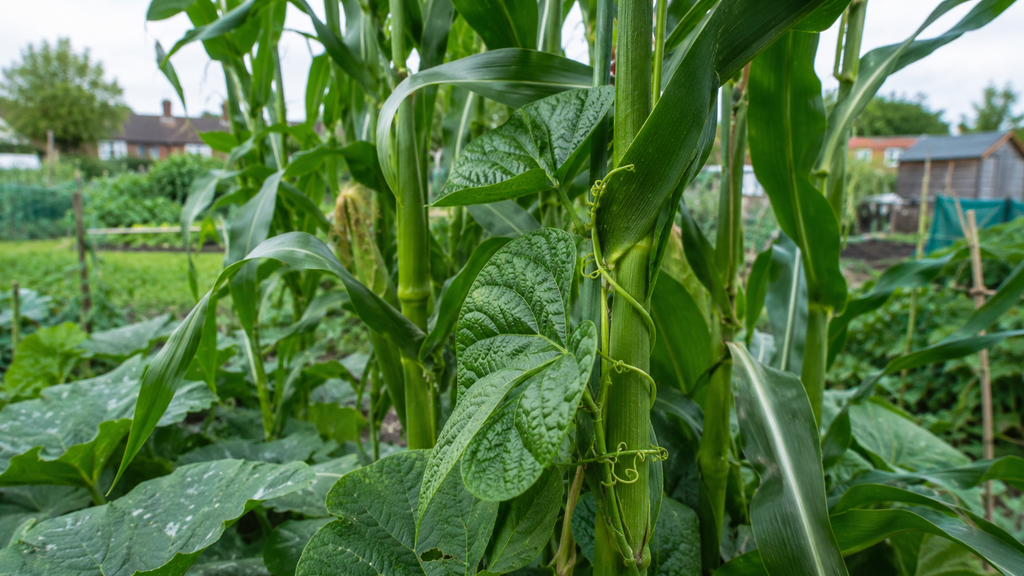 Climbing beans growing up sweetcorn stalks in a companion planting bed