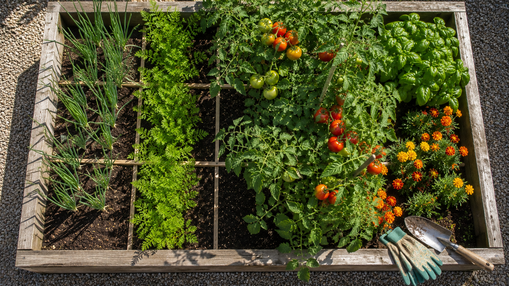 Raised bed layout showing a simple companion planting starter plan