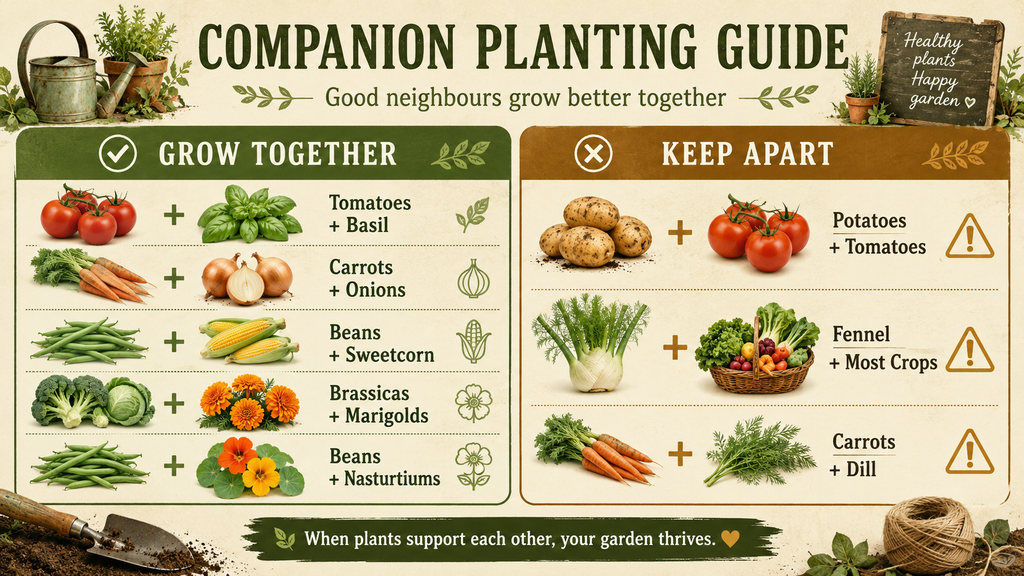 Infographic chart showing which vegetables to companion plant together and which to keep apart
