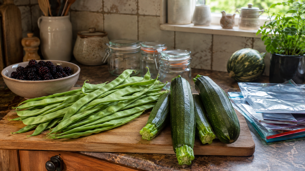 Freshly harvested UK garden vegetables and glass jars ready for preserving on a kitchen counter