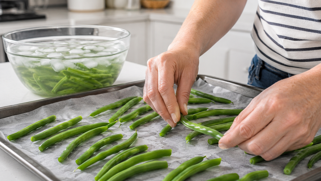 Blanched green beans laid flat on a tray before freezing to preserve the harvest